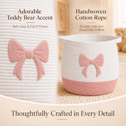 Pink Bow Baby Laundry Basket, Cotton Rope Nursery Hamper - Image 3