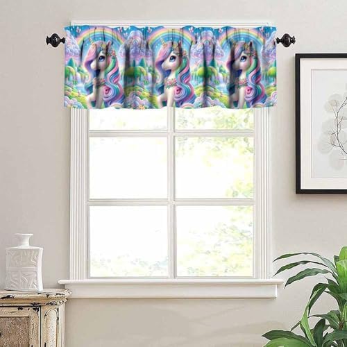 Cartoon Unicorn Valances Curtains Colorful Flowers Dreamy Rainbow Window - Image 5