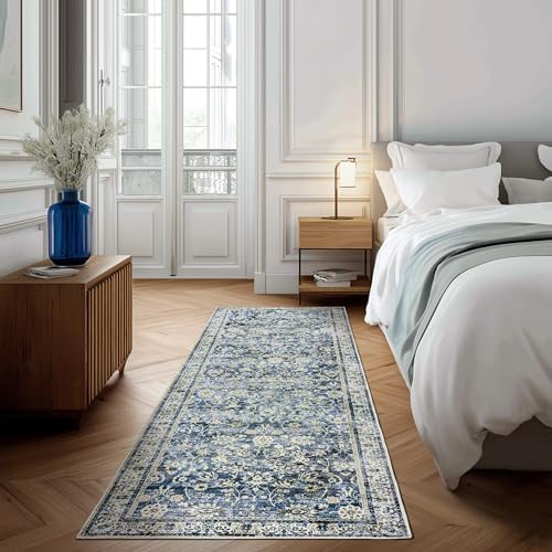 Dark Blue 2x6 Runner Rug for Hallway Low Pile Retro Rugs Non Slip Washable - Image 5
