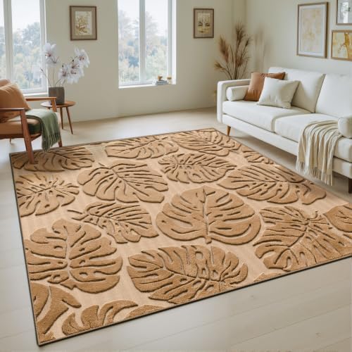 Brown Monstera 5x7 Area Rugs High-Low Plush Pile Washable by ArenaRug