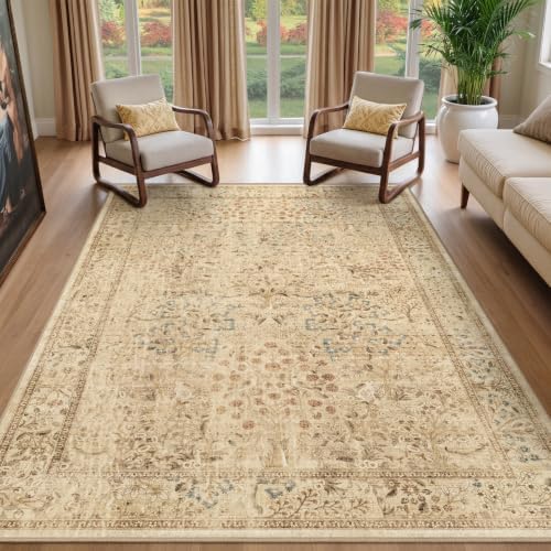 Neutral Tan Floral Area Rug 5x7, Vintage Farmhouse Carpet by Jainmy