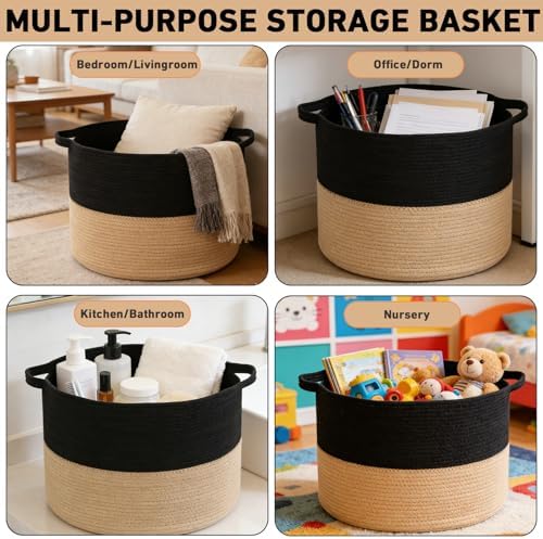 115L Extra Large Blanket Basket, Woven Laundry Basket-Black&Camel - Image 6