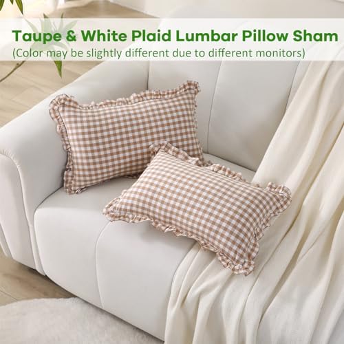2 Pack Taupe Gingham Ruffle Lumbar Throw Pillow Shams 12''x20'' - Image 2