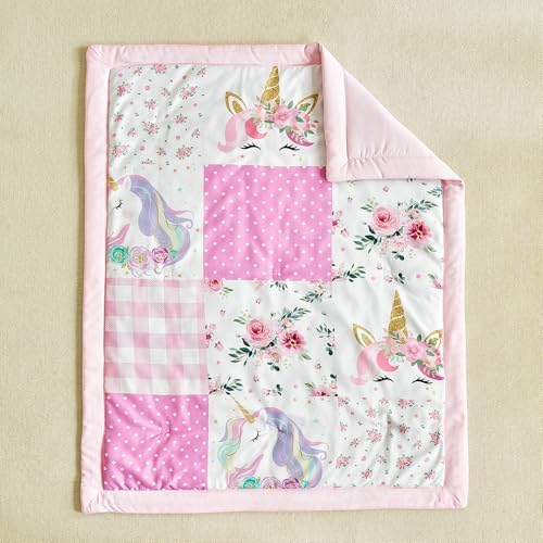Patchwork Crib Bedding Set Unicorn Plaid Floral Design 3 Pieces Baby Girl Cute - Image 7