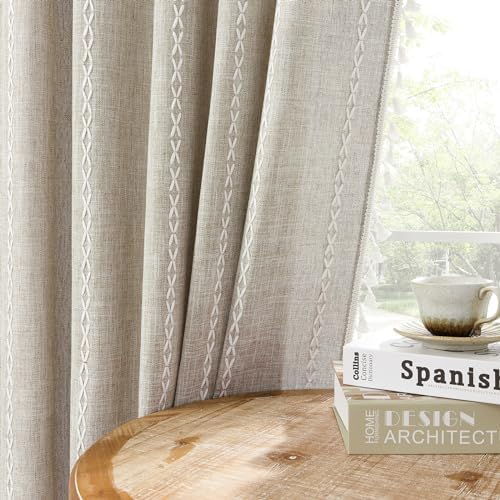 MitoVilla Taupe Boho Linen Bedroom Curtains 84 Inch Length 2 Panels Set - Image 7