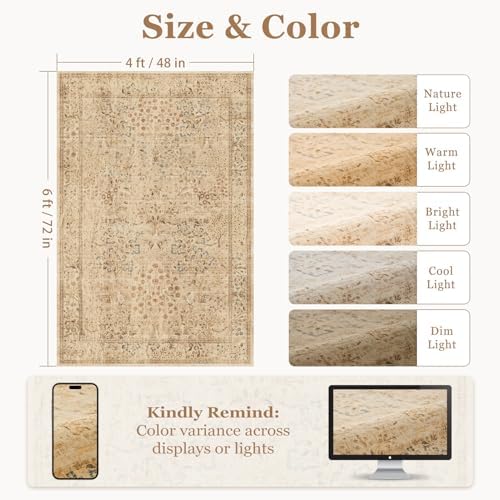 Neutral Tan Entryway Area Rug 4x6, Washable Bedroom Nursery Rug - Image 2