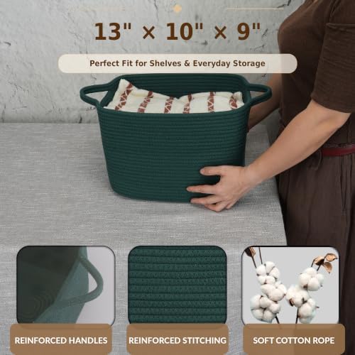 XUANGUO Woven Cotton Rope Storage Basket13x10x9 inch Forest Green - Image 2
