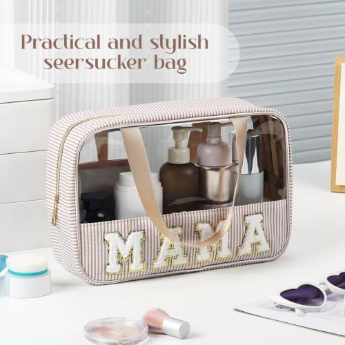 Sanwuta Seersucker Mama Bag Chenille Letter Clear Makeup Bag - Image 4