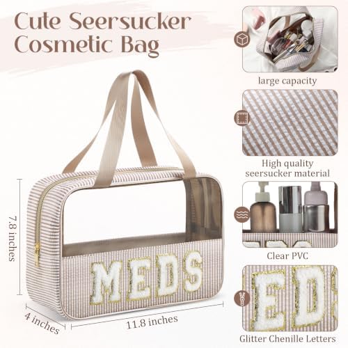Sanwuta Seersucker Meds Bag Chenille Letter Clear Makeup Bag - Image 2