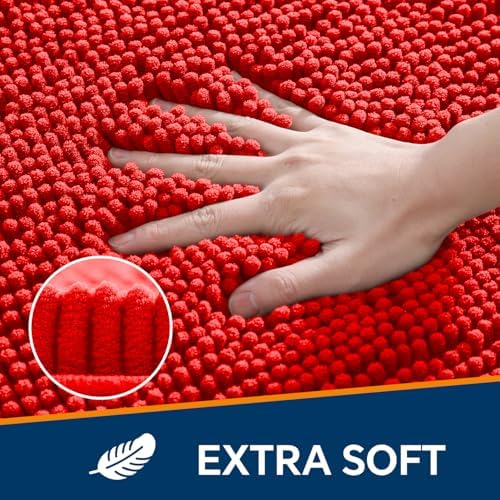 Chenille Bathroom Rug 17"x24" Red, Non-Slip Plush Bath Mat - Image 3