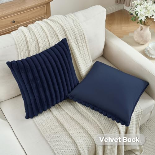 FUTEI Pack of 2 Faux Fur Throw Pillow Covers 18x18 Inch, Dark Navy - Image 4
