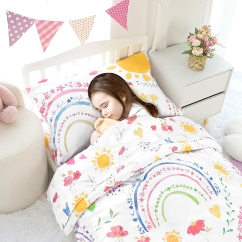 Pea Pod Toddler Bedding Set for Girls, 4 Piece Soft & Breathable Rainbow & Sun - Image 4