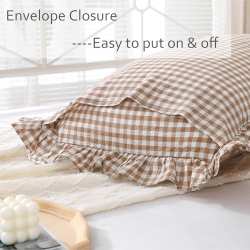 2 Pack Taupe White Gingham Ruffle Standard Pillow Shams 20"x26" - Image 4