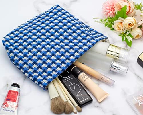 Flat Makeup Bag for Women, Zipper Cosmetic Pouch for Purse, Grid Lake Blue - Image 5