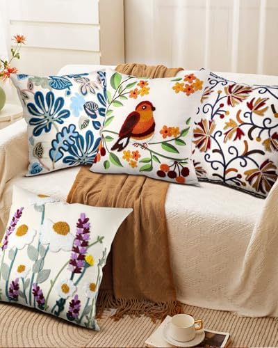 Embroidered Throw Pillow Cover, 18x18 Inch, Bird Branch - Image 6