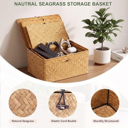 Nonam Large Wicker Basket with Lid, Seagrass Shelf Basket Set of 3 - Image 5