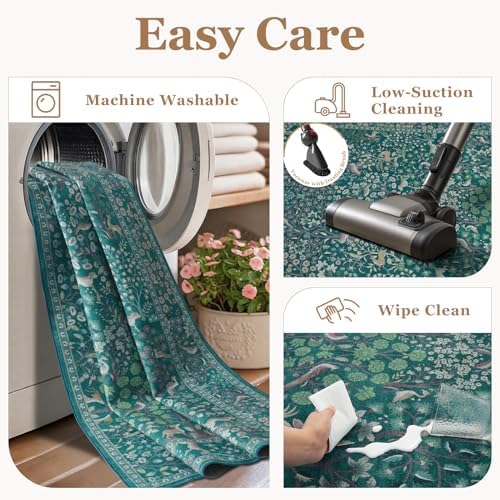 Whimsical Teal 2x6 Runner Rug for Entryway, Low Pile Ultra Thin Boho Kitchen - Image 6