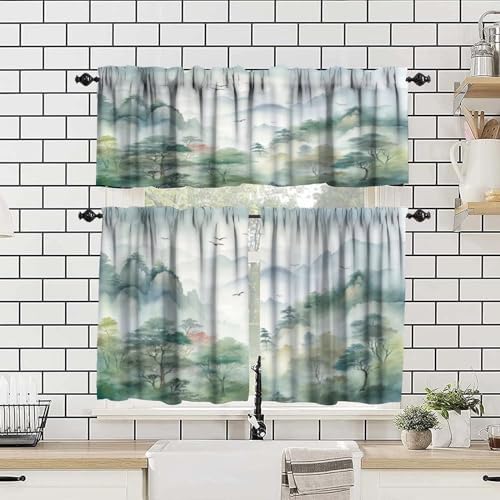 Forest Valance Curtain for Kitchen, Watercolor Style Nature Woodland Green - Image 4