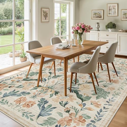 9x12 Area Rugs Boho Floral Washable Living Room Rug Neutral Carpet Bedroom - Image 4