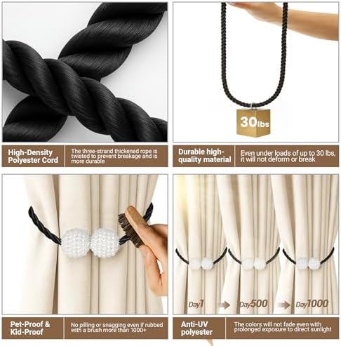 Hion Magnetic Curtain Tiebacks Black 2pcs, Curtain Holdbacks Hooks Holders - Image 4