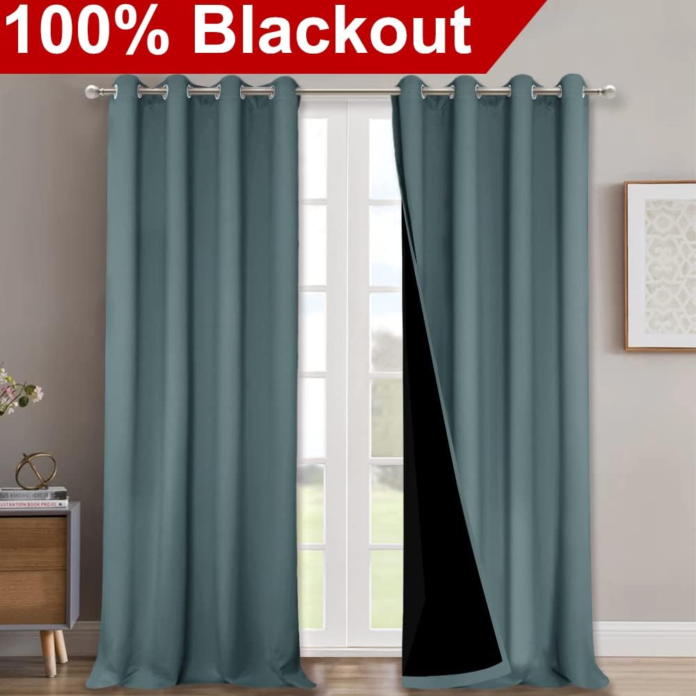 NICETOWN 100% Blackout Curtains for Windows, Pack of 2, Greyish Blue, 52" W x 120" L, Super Heavy-Duty Black Lined Total Darkness Drapes for Bedroom, Privacy Assured Window Treatment for Patio