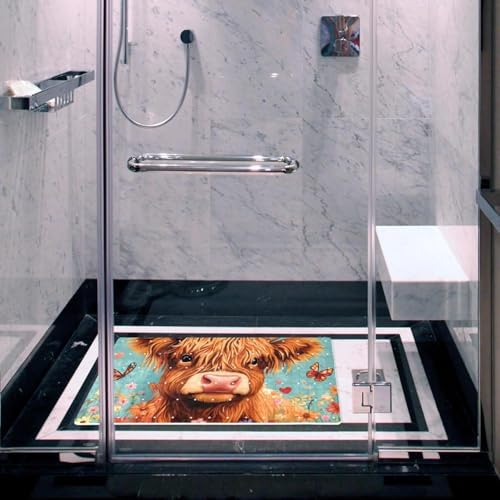 Bathtub Mat Non Slip 26.8x15.1In, Highland Cow Floral Bath Mat - Image 6