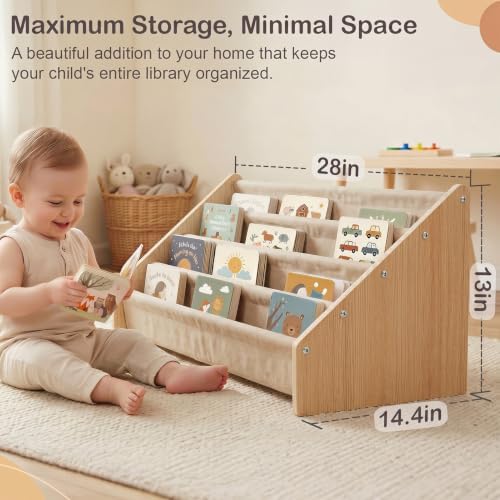 Toddler Bookshelf 4 Tier Solid Wood Montessori Nursery Book Organizer Kids - Image 2