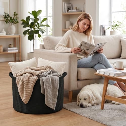 65L Large Blanket Basket, Woven Rope Laundry Basket-Black - Image 4