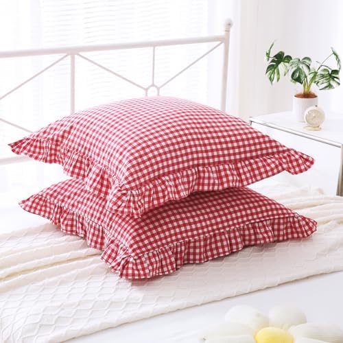 2 Pack Red White Gingham Euro Shams Pillow Covers 26''x26'' - Image 4
