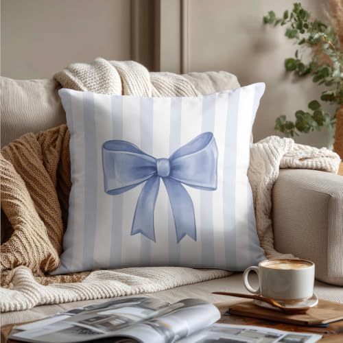 Blue Bow Decorative Throw Pillow 18x18 Inch – Cute Blush Pink Striped Pillow - Image 3