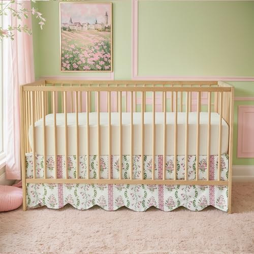 Brandream Scallop Edge Crib Skirt Organic Cotton Toddler Bedskirt Floral - Image 5