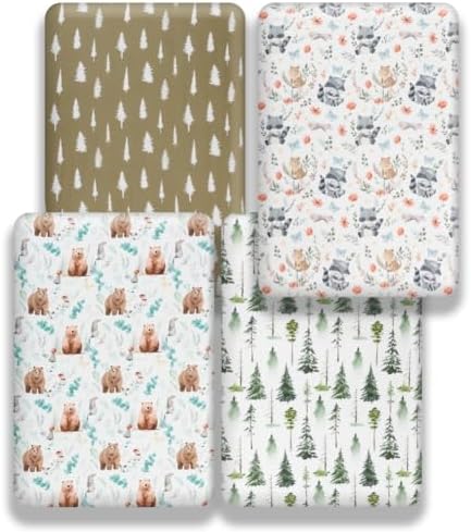 4 Pack Woodland Forest Animals Wood Neutral Unisex Fitted Baby Crib Sheets Set - Image 2