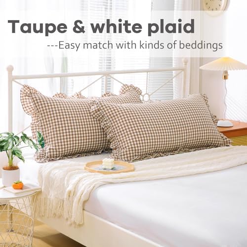 2 Pack Taupe White Gingham Ruffle Pillow Shams King Size 20"x36" - Image 3