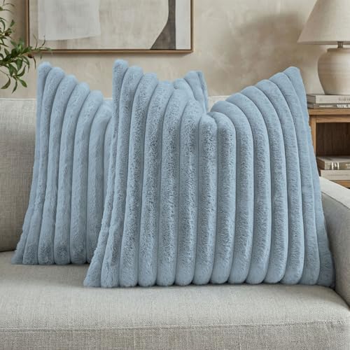 FUTEI Pack of 2 Faux Fur Throw Pillow Covers 22x22 Inch, Dusty Blue by FUTEI