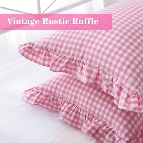 2 Pack Pink White Gingham Ruffle Pillow Shams King Size 20"x36" - Image 4
