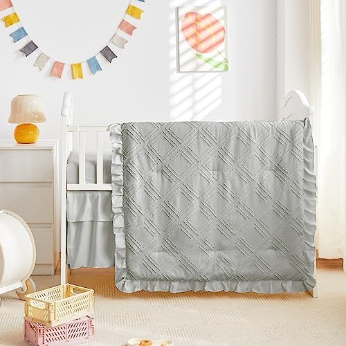 Mini Crib Bedding Set 3 Pieces Baby Boho Quilted Tufted Ruffles Comforter - Image 3