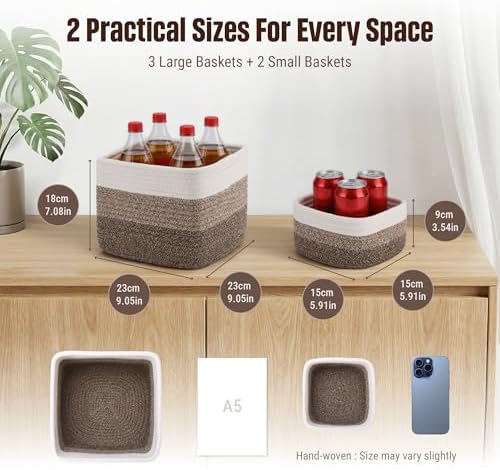 5-Pack Storage Cubes Woven Rope Baskets, 2 Sizes Organizer Bins - Image 2