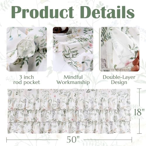 jinchan Ruffled Floral Valance Linen Shabby Chic 18 Inch 1 Panel Green - Image 5