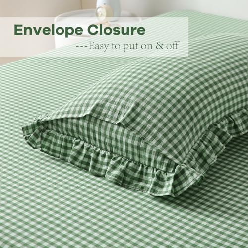 2 Pack Christmas Green White Plaid Ruffle Gingham King Size Pillow Shams - Image 4