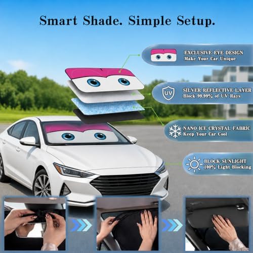 Car Windshield Sun Shade, Universal Fit Compact Sedan SUV, Cute Pink - Image 4
