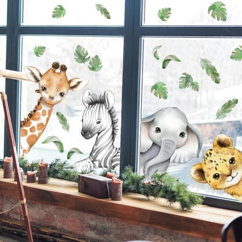 22.44 x 21.25 Inch Watercolor Jungle Animal Window Clings Tiger Lion Elephant - Image 5