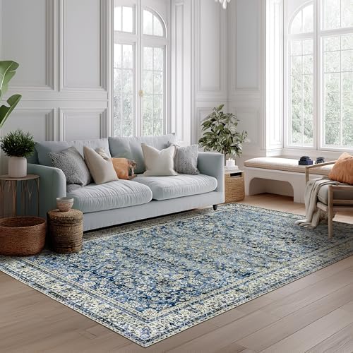 BILEEHOME Blue Area Rugs 5x7 Vintage Boho Flower Distressed Low Pile Rug by BILEEHOME
