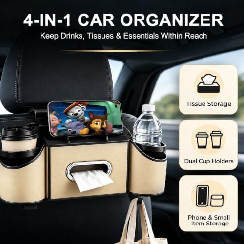 Back Seat Car Organizer, 2 Cup Holders, Tissue Holder, Phone Stand & Hooks - Image 2
