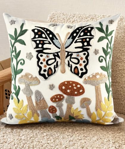 Embroidered Throw Pillow Cover, 18x18 Inch, Butterfly Moon by Kokaaee
