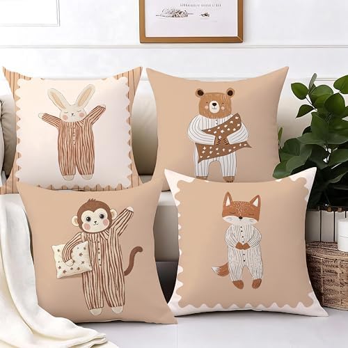 Earthy Bear Bunny Fox Monkey Animals Pillow Covers 18x18 Set of 4, Farm Boy - Image 4