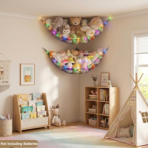 Stuffed Animals Hammock with LED Light Toy Net Room Decor Corner Storage - Image 2
