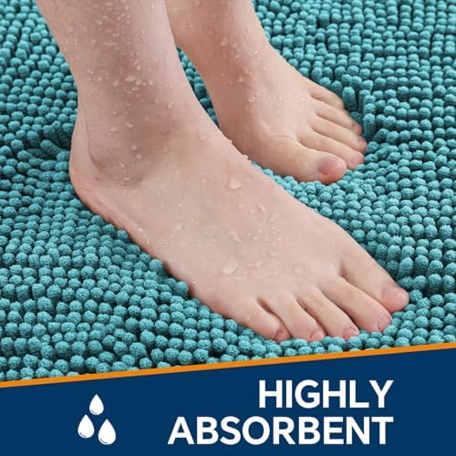 Chenille Bathroom Runner Rug 17"x47" Aqua, Plush Bath Mat - Image 4