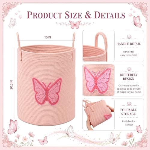 LemonRoad Butterfly Laundry Hamper Large Cotton Rope Storage Basket - Image 3