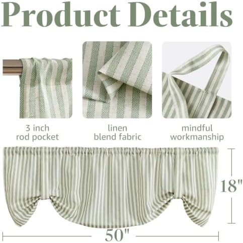 jinchan Linen Boxter Striped Kitchen Valances Sage Green 18 inch 2 Panels - Image 3