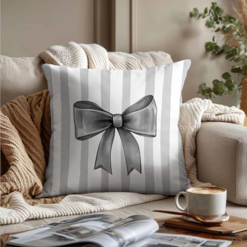 Charcoal Bow Decorative Throw Pillow 18x18 Inch – Cute Blush Pink Striped - Image 3